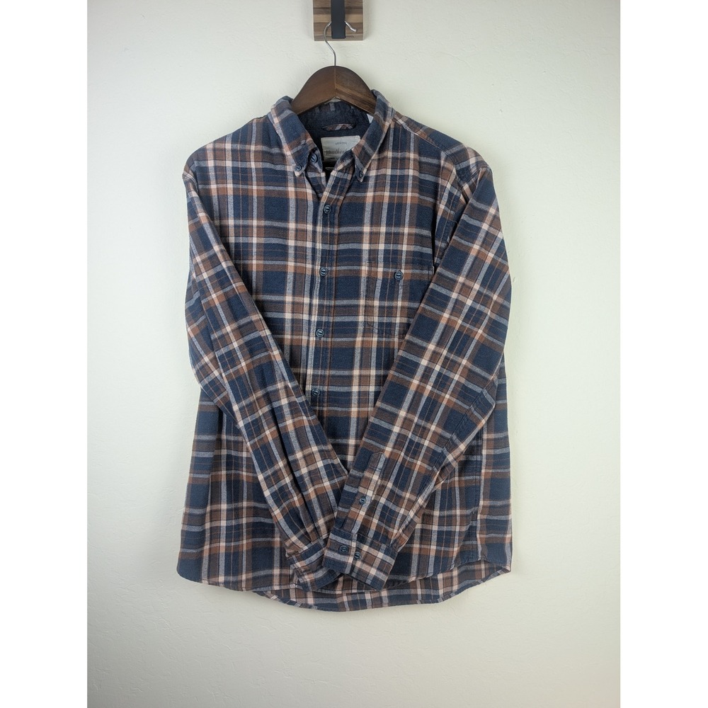 Weatherproof Vintage Mens Large Navy Blue Brown Plaid Flannel Button Down Shirt